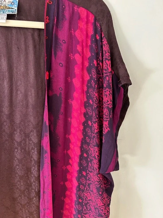 Tienda Ho Kimono Magenta/Burgundy India Print Boho Festival Open Front Duster - Picture 3 of 16